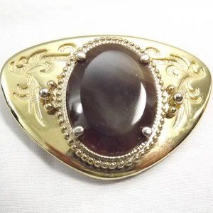 Striated Faux Stone in a Gold Tone Brassy Metal Triangular Belt Buckle